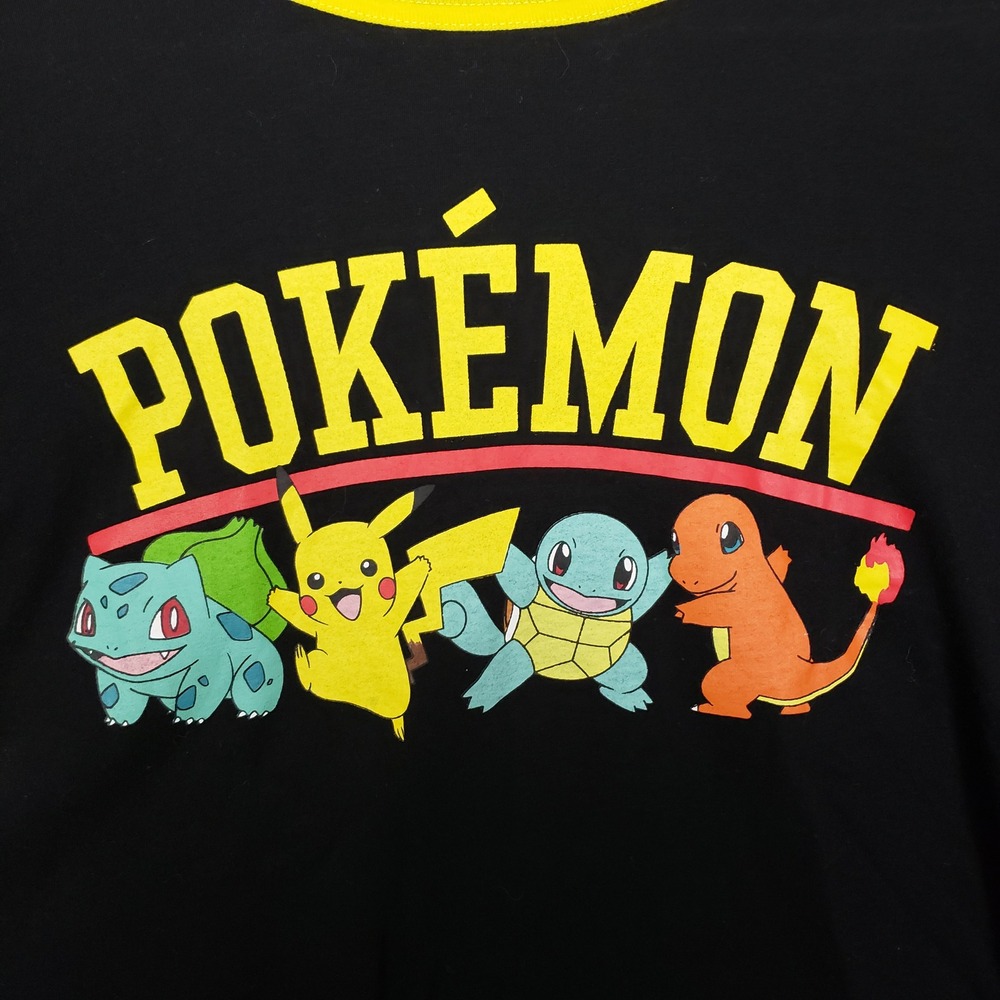 Pokemon Crop Top Ringer Tee Shirt Black Yellow Starter Characters Pika Bulbasaur